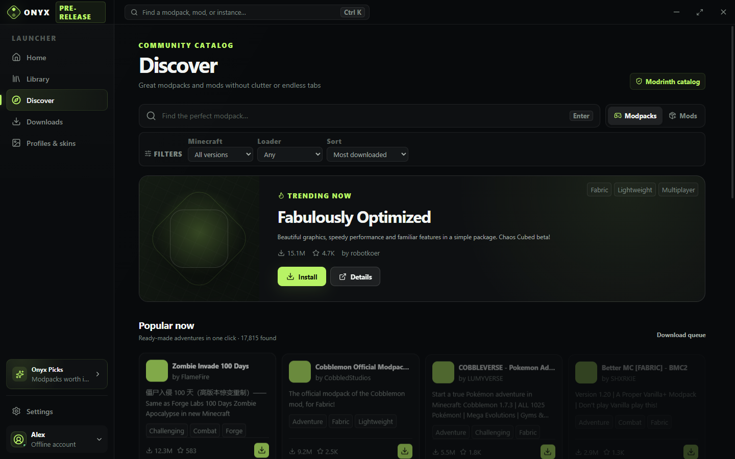 Onyx Launcher Modrinth discovery catalog