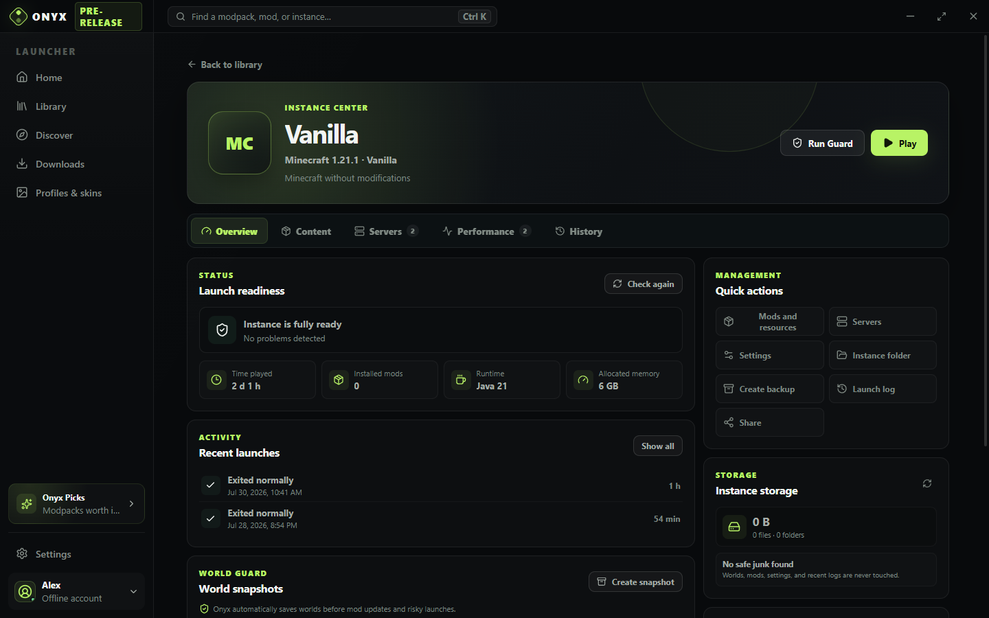 Onyx Launcher instance management screen