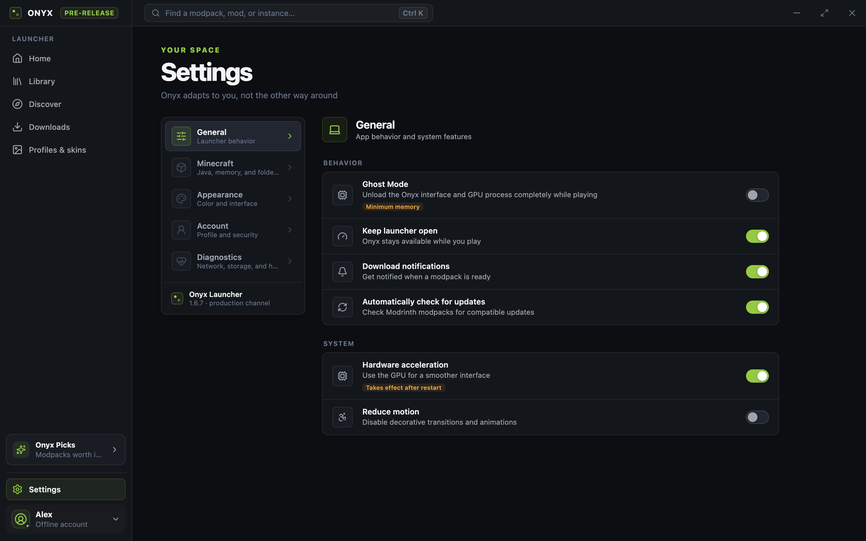 Onyx Launcher settings screen